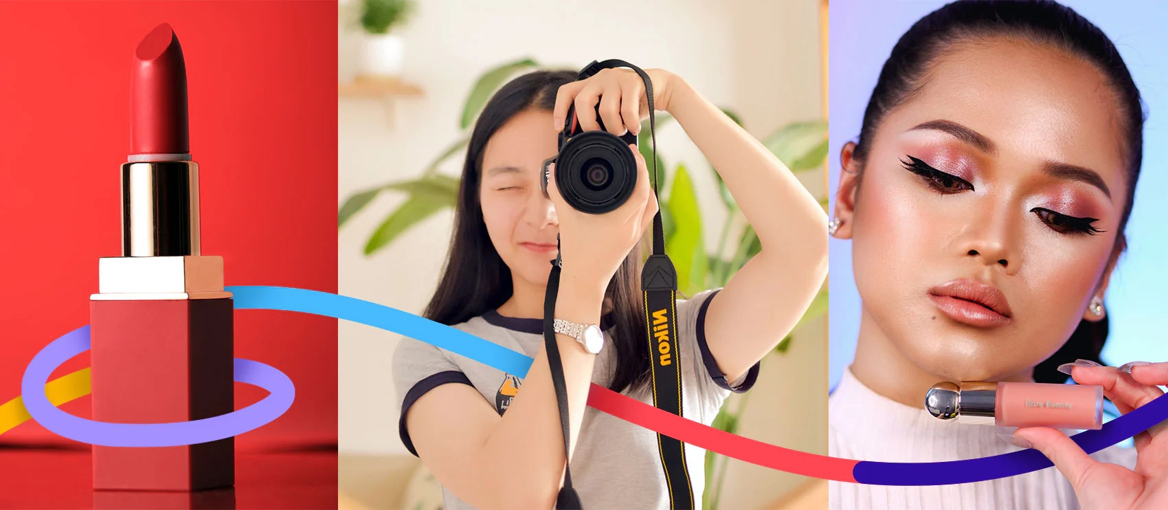 Red lipstick, a photographer with a camera, and a model holding lip gloss, highlighting beauty product photography.