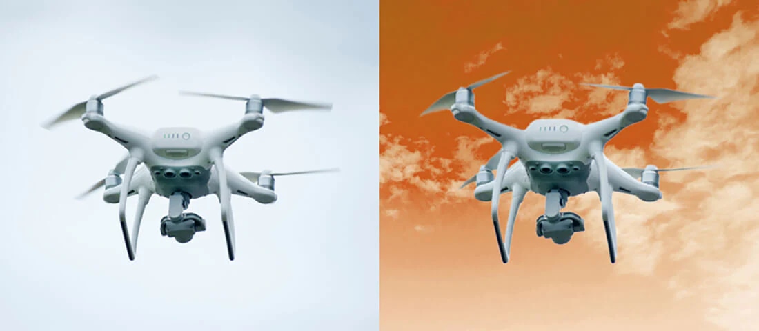 Photoshop CC18 interface showing sky color change tutorial from dull to vibrant tones.