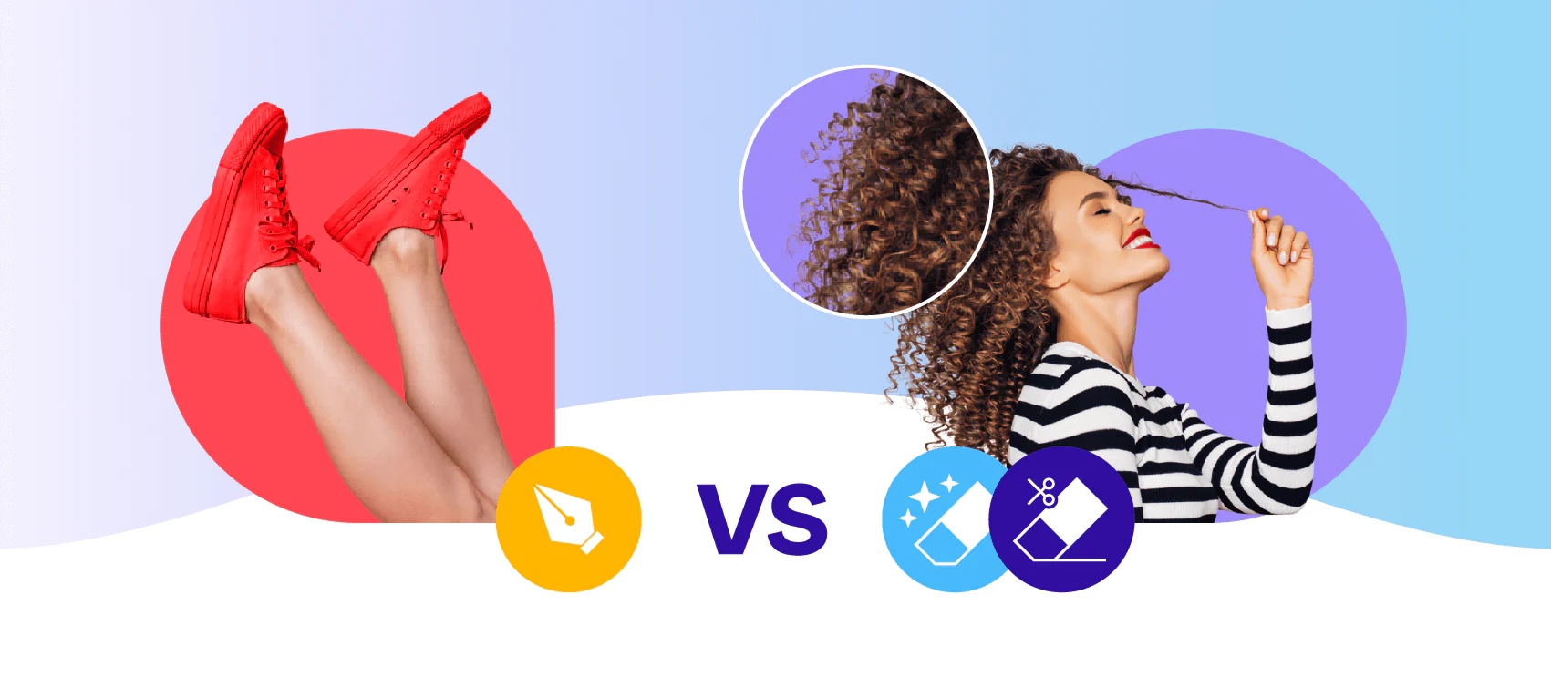 Comparison of clipping path and image masking techniques for photo editing, featuring red shoes and curly hair close-up.