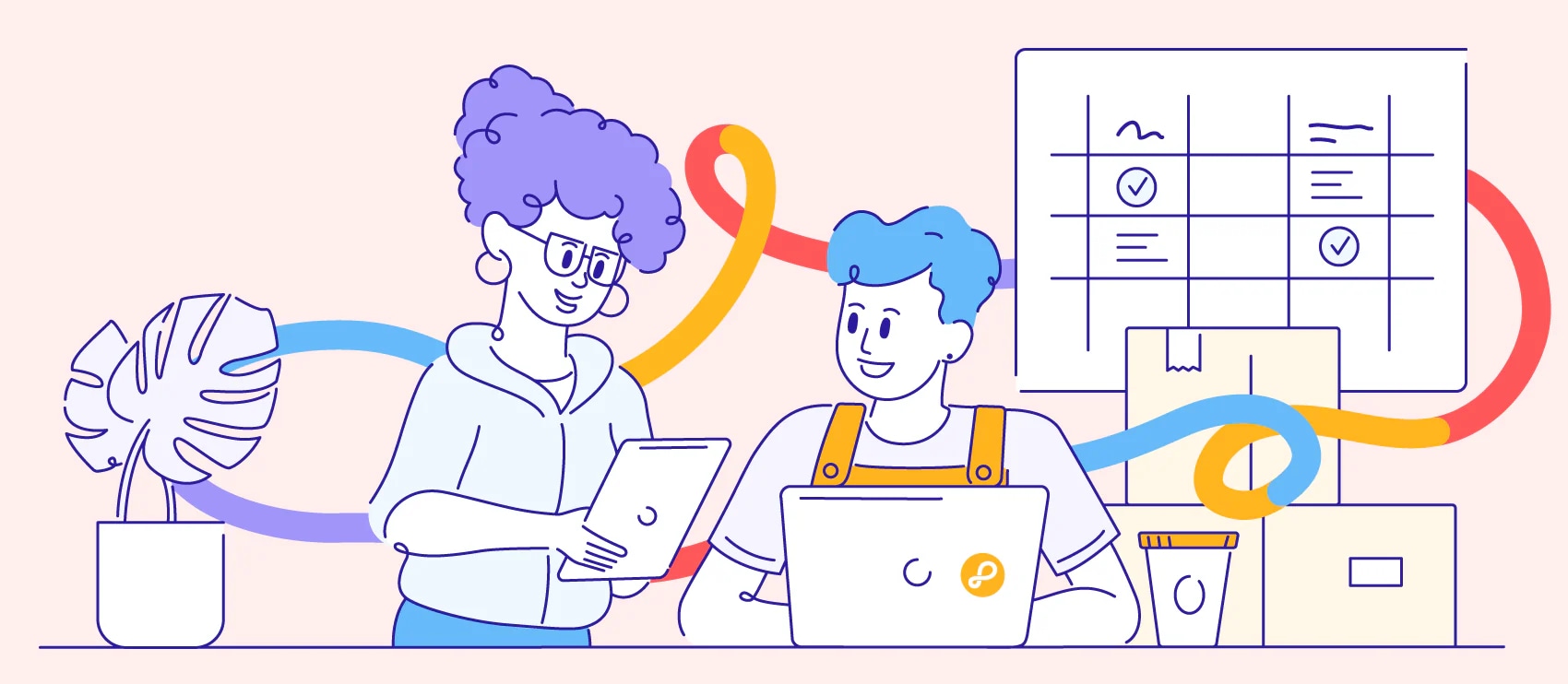 Illustration of two team members collaborating on product management tasks in an e-commerce setting.