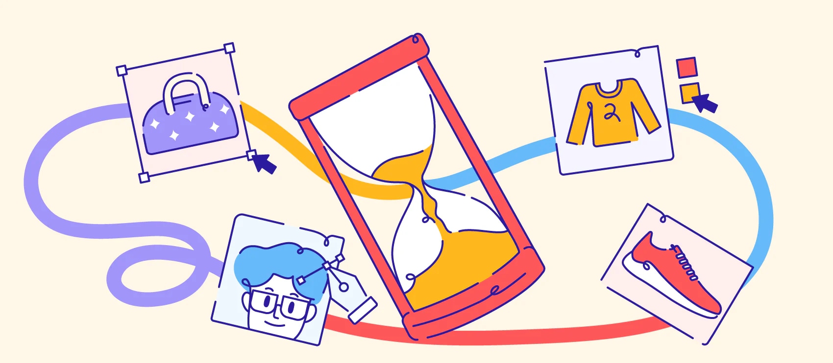 Hourglass with various product photos, including a bag, shirt, and shoe, representing fast photo editing techniques