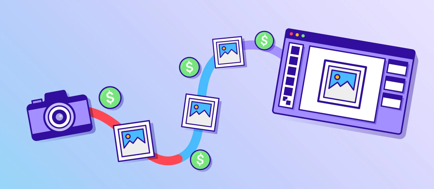 Illustration for article on how to charge for photo editing, featuring dollar signs and editing software icons.