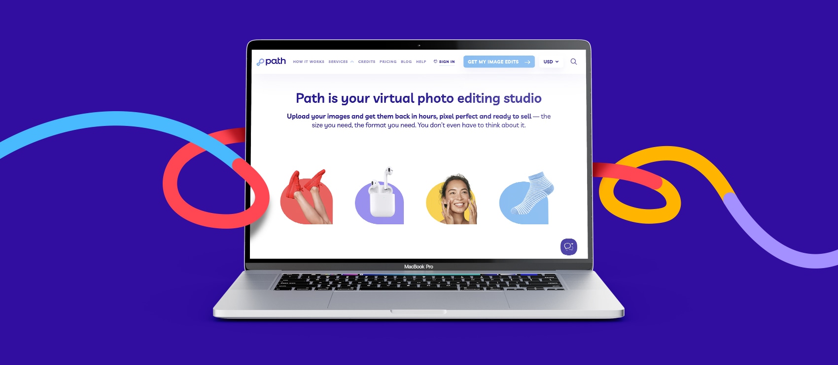 A laptop displaying the Path website homepage with the text “Path is your virtual photo editing studio,” overlaid with colorful graphic accents.