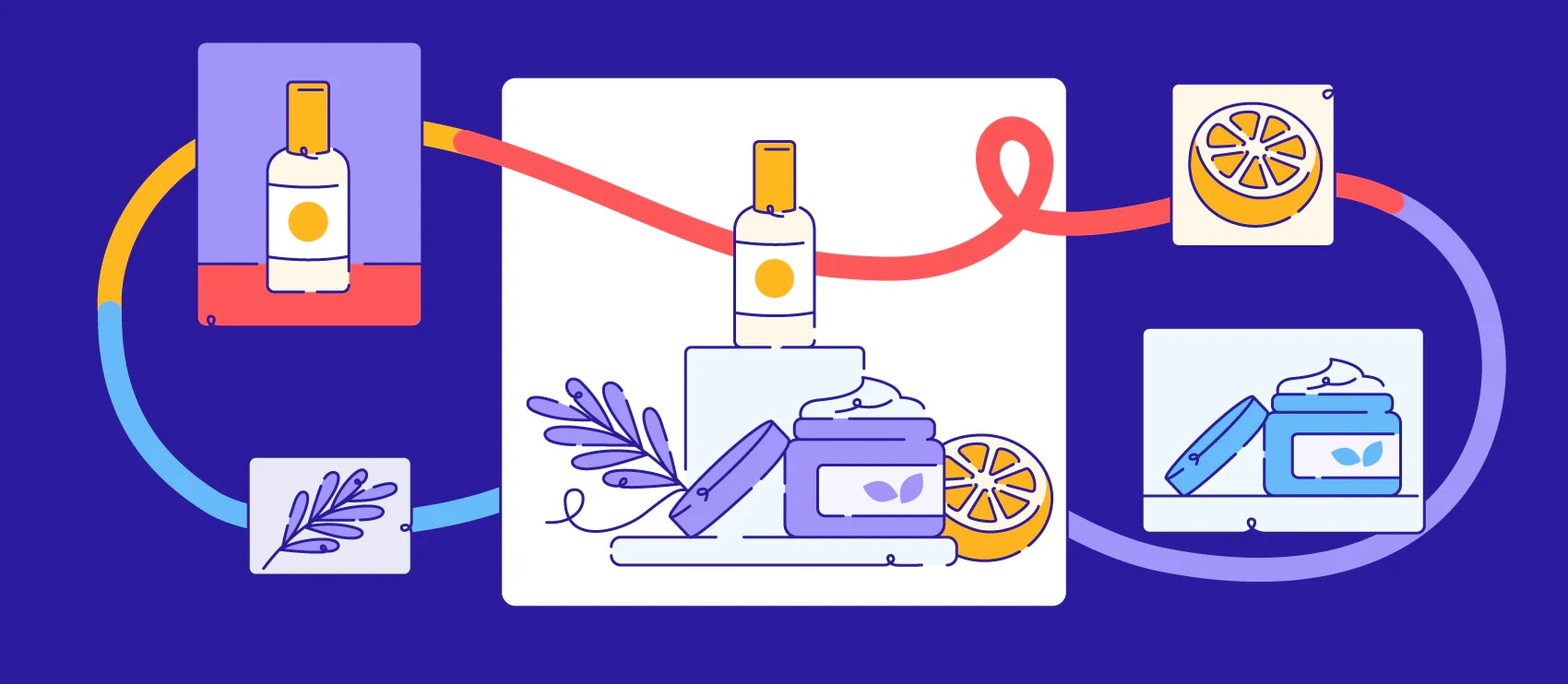 Illustration showing background removal process for skincare products with colorful icons and connecting lines
