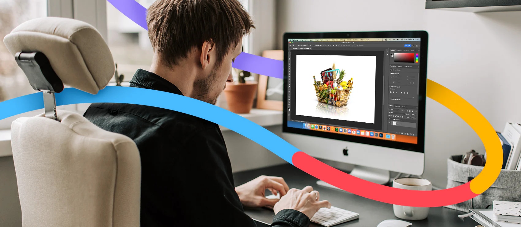 Man editing a product image of a grocery basket in Photoshop on an iMac, with colorful Path branding curves in the foreground.