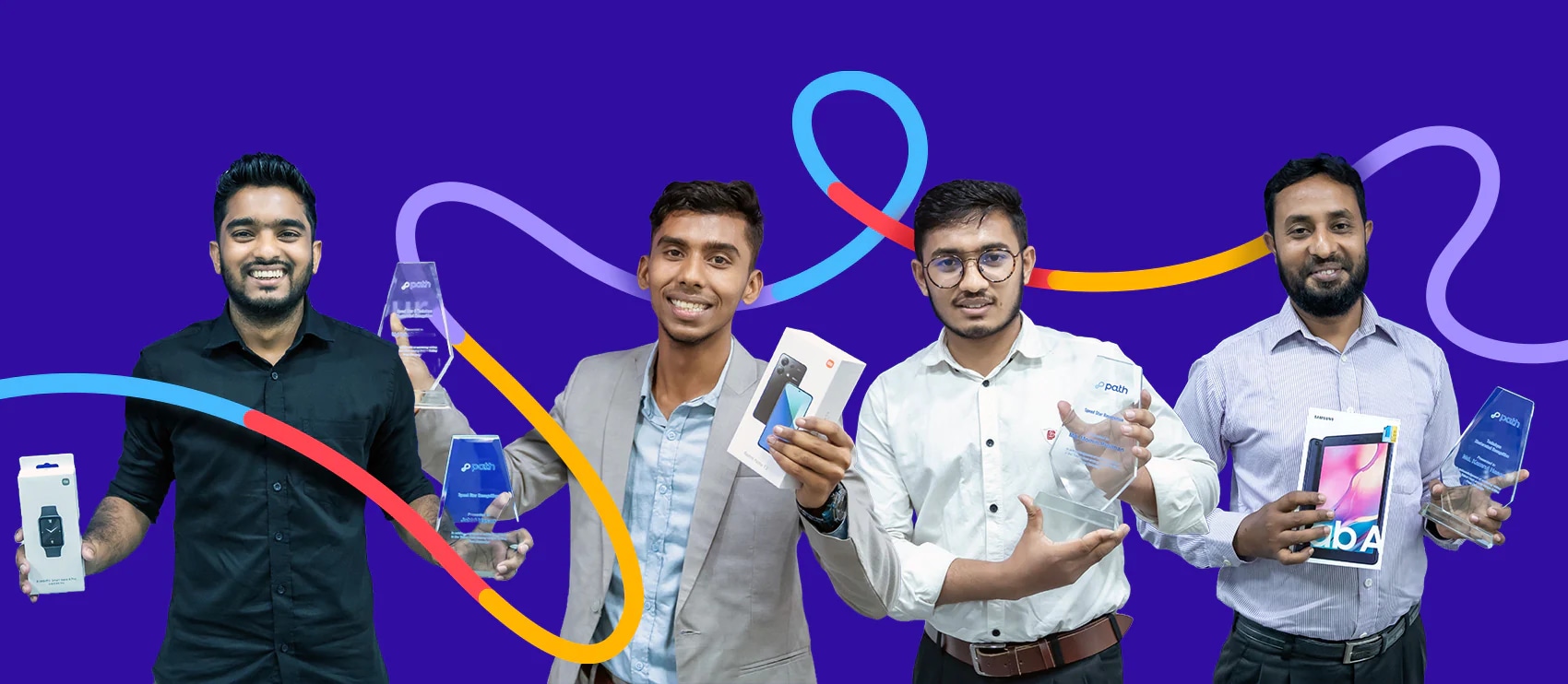 Four Path Talent Hunt winners holding awards and electronic devices against a vibrant background.
