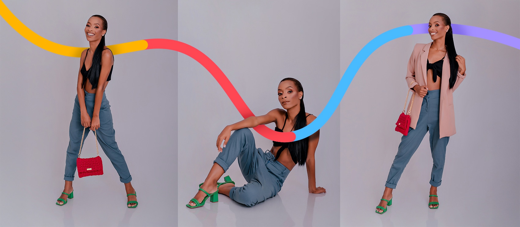 three photos of a woman in different poses for portrait full body shots