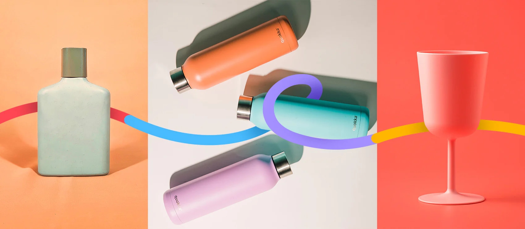 Stylized product photography with shadow and color edits on bottles and glass for enhanced visual appeal.