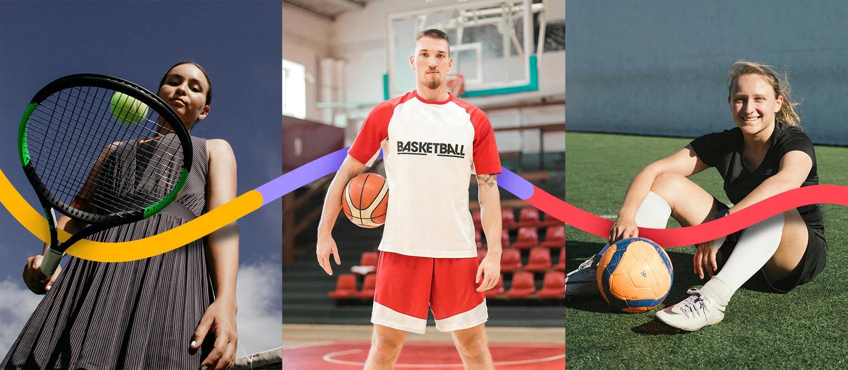 Three athletes holding tennis racket, basketball, and soccer ball with colorful ribbon overlay