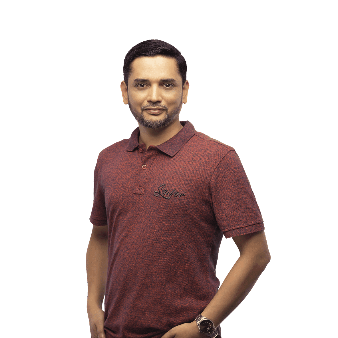 Professional assistant manager of quality control in maroon polo shirt with watch, standing confidently, edited