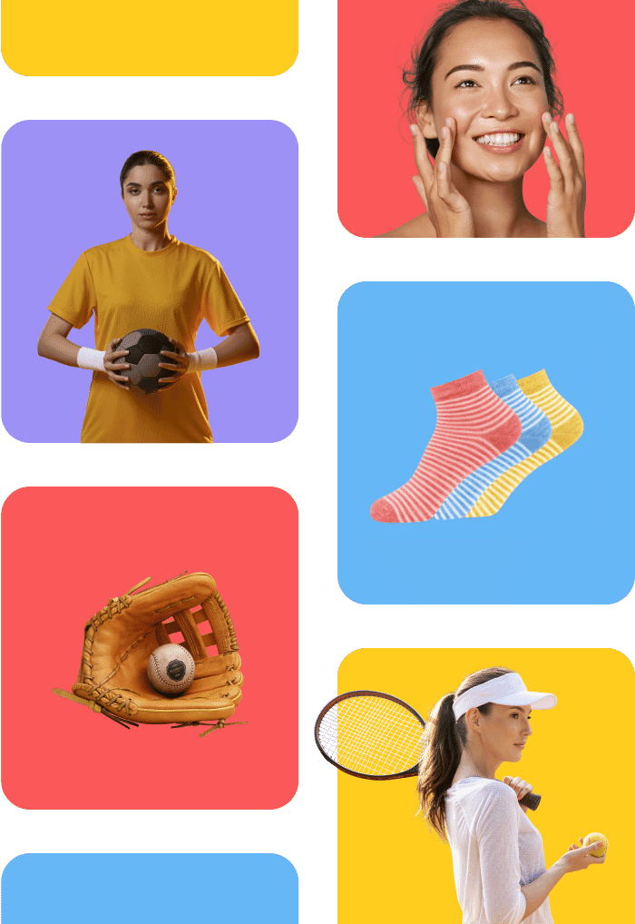 Colorful display of athletes, skincare, sports gear, and socks for Path affiliate program