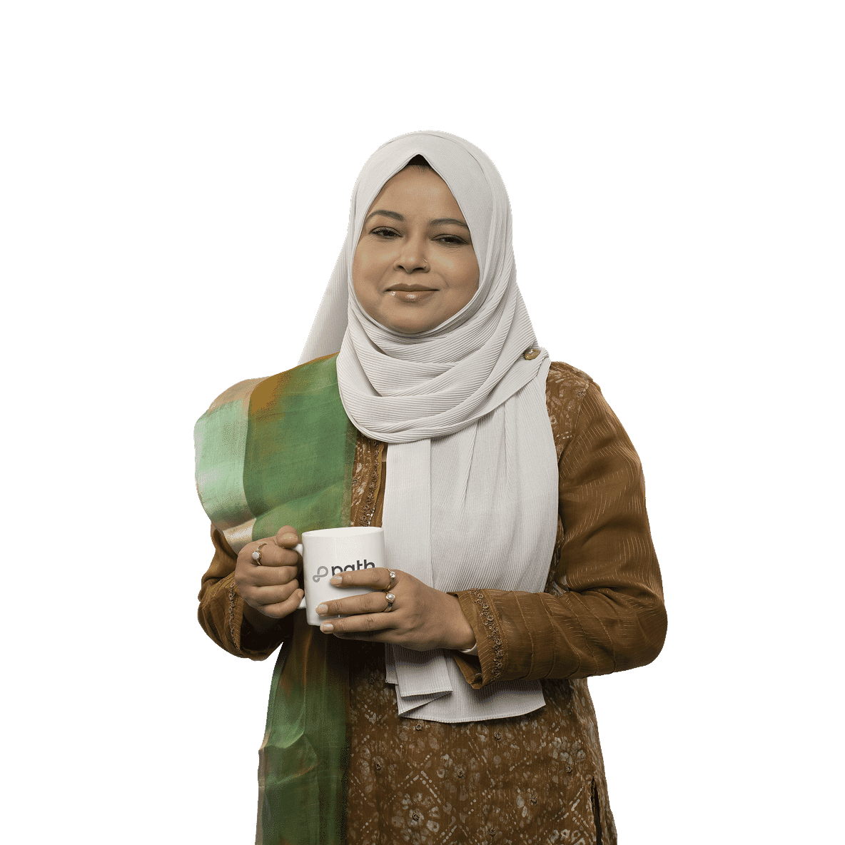 Chief operating officer in brown traditional dress and white hijab holding a Path-branded mug, edited