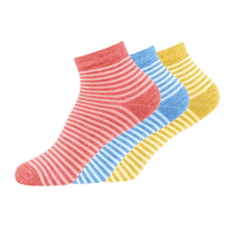 A set of striped socks in red, blue, and yellow, showcasing precise color change editing for vibrant variations.