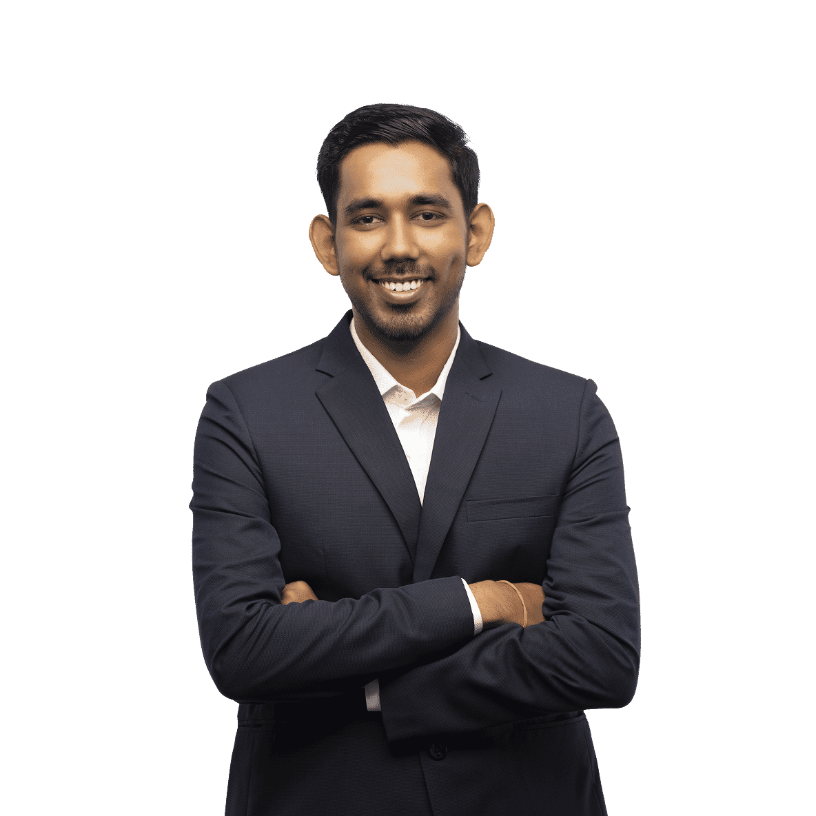 Smiling executive of quality control in dark suit and white shirt with arms crossed, edited