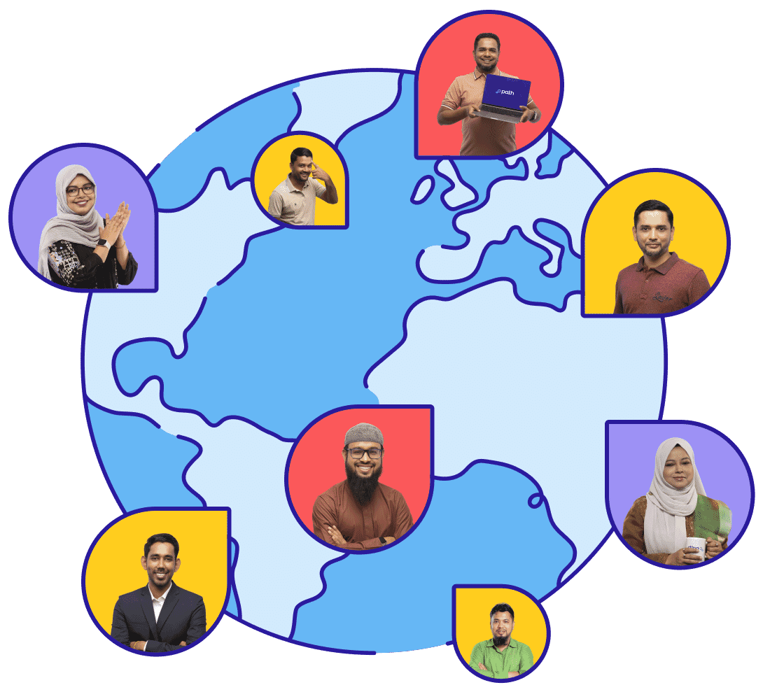 Collage of diverse editors around a world map, each in colorful frames showcasing global team unity, edited