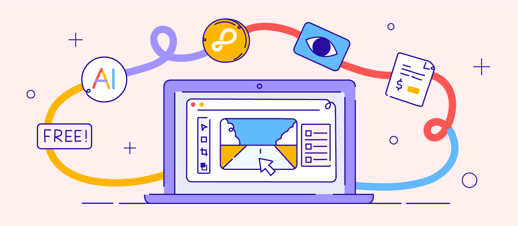 illustration showing a computer and photo editing elements floating around it