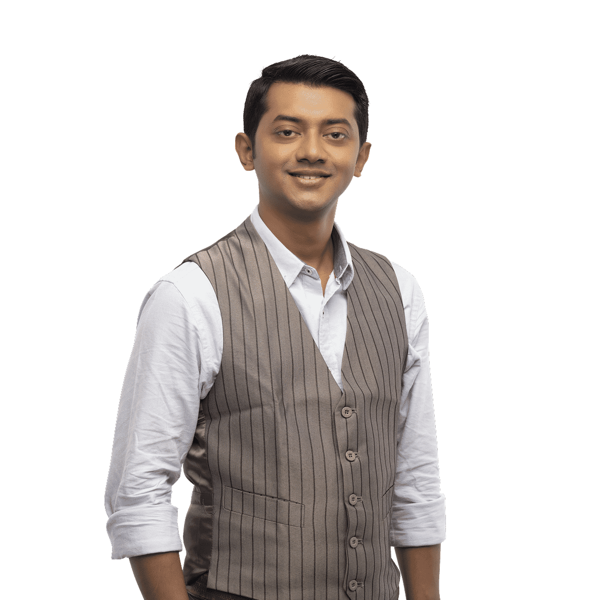 Smiling human resources manager in light shirt with rolled sleeves and brown pinstripe vest, edited