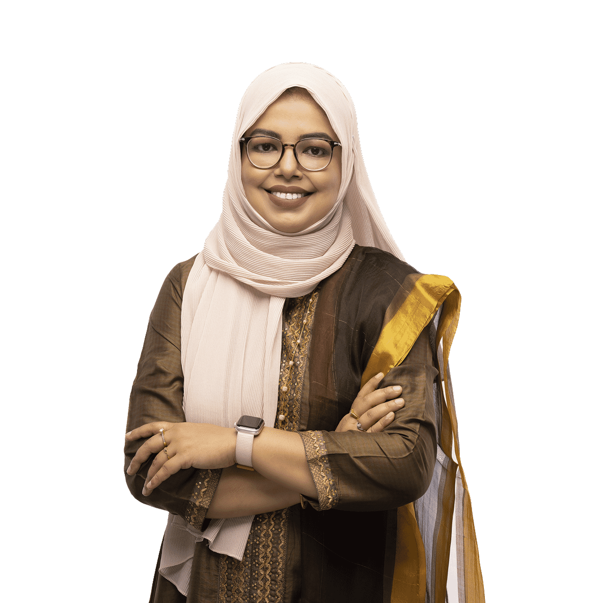 Smiling marketing manager in olive green and gold traditional attire with light pink hijab and glasses, edited