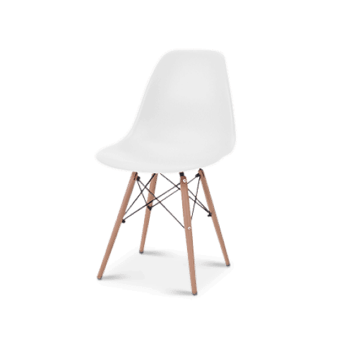 A white modern chair with wooden legs and a subtle shadow effect added for depth and realism.