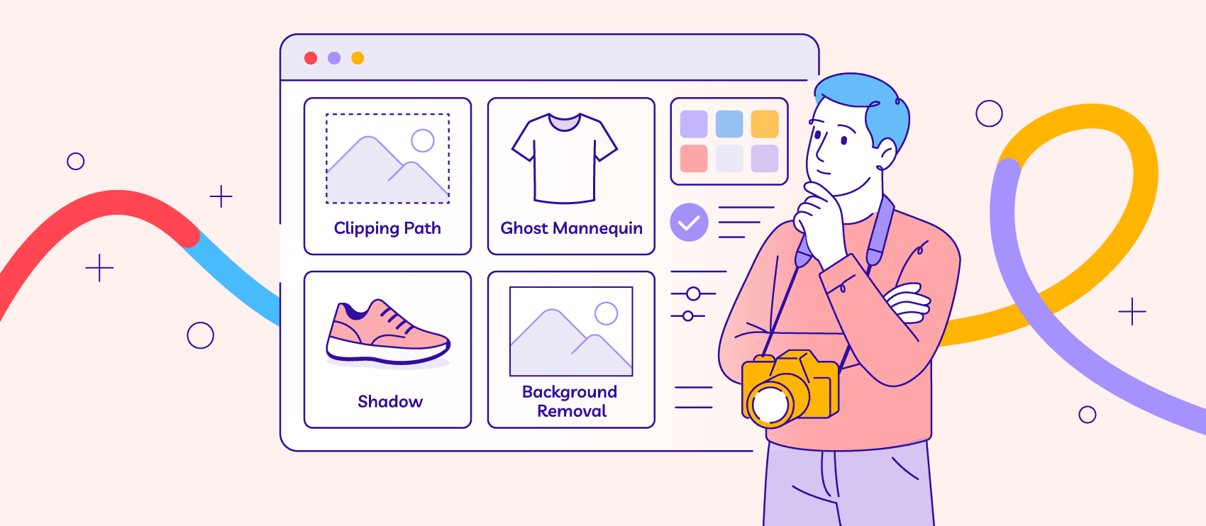 Illustrated comparison of photo editing services including clipping path, ghost mannequin, background removal, and shadow effects, with a photographer reviewing options on a Path-styled interface.