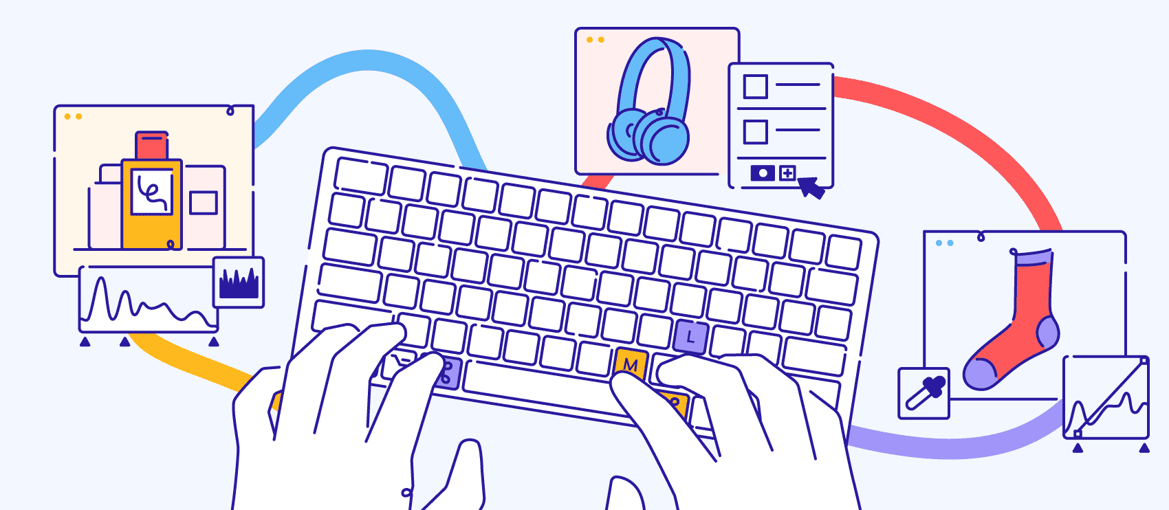 Illustration of hands on keyboard with editing icons for Photoshop shortcuts in clipping path and photo editing tasks.